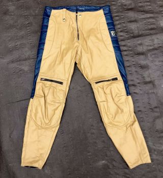 Vintage Bw Bill Walters Leathers Motocross Pants Tan/gold Blue Bmx Size 32