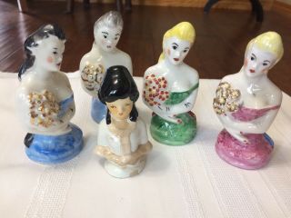 5 Antique German Porcelain Half Dolls 4 " Tall Colorful Dress W/ Bows Distressed
