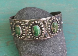 Old Vintage Fred Harvey Era Silver Stamped Green Turquoise Row Cuff Bracelet