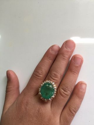 Fancy Gift Vtg Huge Italy 14k Gold Diamond Colombian Emerald Halo Ring Sz6