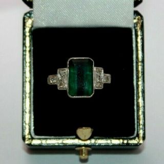 Stunning Art Deco Green Tourmaline Diamond White Gold Ring Size L