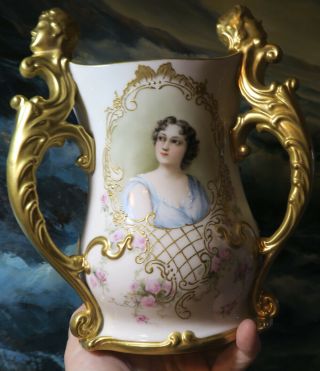 Belleek Antique Porcelain gilt Enameled vase Portrait Rose Lady cherub by NELSON 10