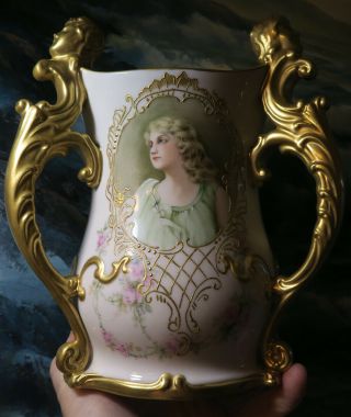 Belleek Antique Porcelain gilt Enameled vase Portrait Rose Lady cherub by NELSON 12