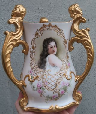 Belleek Antique Porcelain Gilt Enameled Vase Portrait Rose Lady Cherub By Nelson