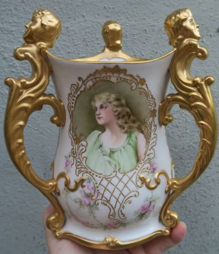 Belleek Antique Porcelain gilt Enameled vase Portrait Rose Lady cherub by NELSON 2