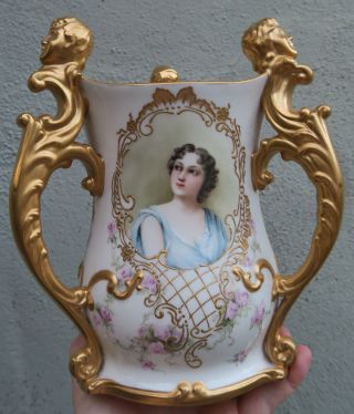 Belleek Antique Porcelain gilt Enameled vase Portrait Rose Lady cherub by NELSON 3