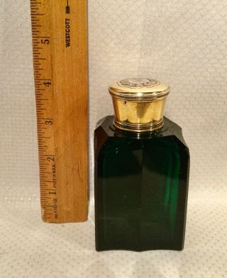 Antique Thick Green Glass Brass Screw Top W/glass Stopper Cologne Bottle