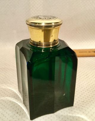 Antique Thick Green Glass Brass Screw Top W/glass Stopper Cologne Bottle 4