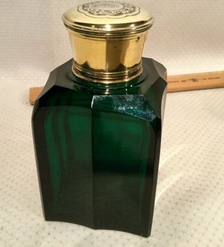 Antique Thick Green Glass Brass Screw Top W/glass Stopper Cologne Bottle 5
