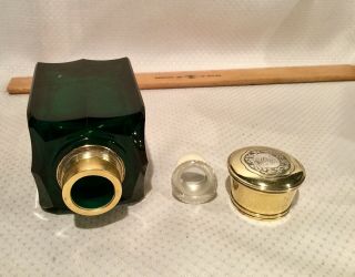 Antique Thick Green Glass Brass Screw Top W/glass Stopper Cologne Bottle 6