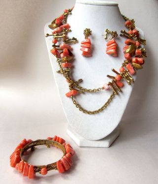 Vtg 1950s Miriam Haskell Gold Tone Faux Coral Beach Sea Shell Full Parure Set 2