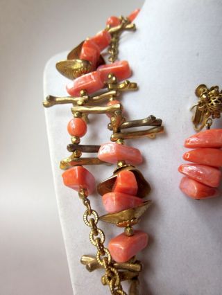 Vtg 1950s Miriam Haskell Gold Tone Faux Coral Beach Sea Shell Full Parure Set 3