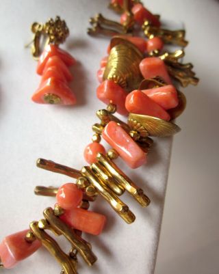 Vtg 1950s Miriam Haskell Gold Tone Faux Coral Beach Sea Shell Full Parure Set 4