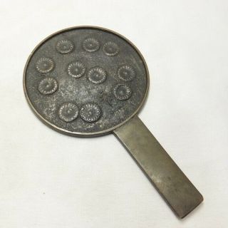 G255: Real Old Japanese Copper Ware Hand Mirror With Good Relief Work Of Flower