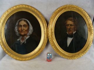 Pr Antique 19c Ancestral Oval Man & Woman Portrait Paintings
