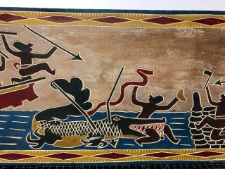 Vintage Palau Storyboard Carved Battle Scene With Crocodile 35.  75”x11.  5” 5