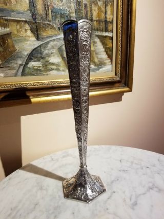 Antique E.  G.  Webster & Son Silver On Copper 18 5/8 " Tall Ornate Trumpet Vase