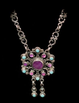 Magnificent Vtg Solid Sterling Amethyst &turquoise Semi Precious Stones Necklace