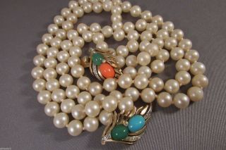 Vintage Trifari Necklace Double strand Jewels of India Rhinestone Cabochon 8