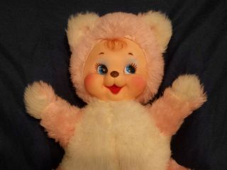 Vintage 1950 ' s Rare Rushton Rubber Face Pink And White Happy Bear 3