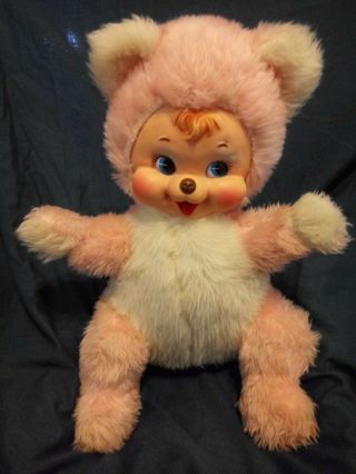 Vintage 1950 ' s Rare Rushton Rubber Face Pink And White Happy Bear 4