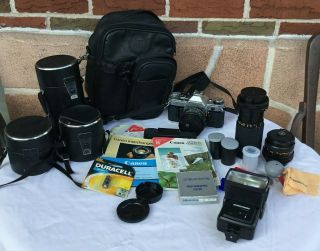 Vintage Canon Ae - 1 Camera With 2 Lenses Bag Film Pamphlets Flash