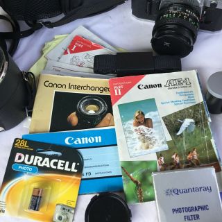 Vintage Canon AE - 1 Camera with 2 Lenses Bag Film Pamphlets Flash 5