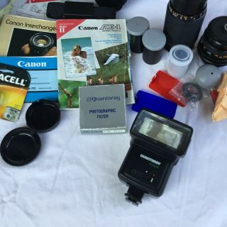 Vintage Canon AE - 1 Camera with 2 Lenses Bag Film Pamphlets Flash 6