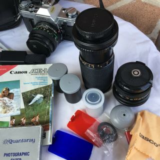 Vintage Canon AE - 1 Camera with 2 Lenses Bag Film Pamphlets Flash 7