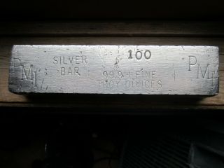 Vintage Silver Bar 100.  oz 99.  9,  Fine Silver Stamped P.  M.  C.  VERY RARE 9