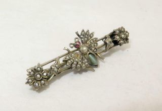 Antique Victorian 19 C Sterling Silver Seed Pearl Ruby Butterfly Flower Brooch