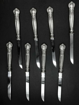 Vintage Gorham Sterling Silver Handle Chantilly Set of 8 Steak Knives No Mono 2