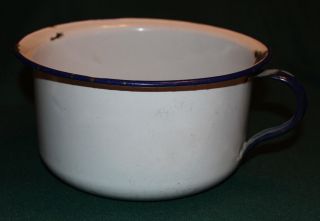 Antique Primitive Porcelain Enamelware White One Handled Chamber Pot Blue Trim