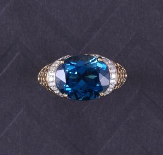 Estate Yellow Gold Filigree 6 Ct Natural London Blue Topaz Diamond Ring