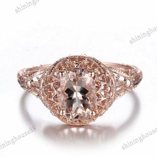 8x6mm OVAL Morganite ART DECO FILIGREE ANTIQUE Vintage RING Solid 18K Rose Gold 2