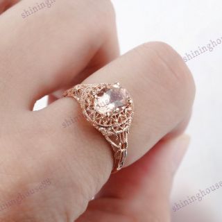 8x6mm OVAL Morganite ART DECO FILIGREE ANTIQUE Vintage RING Solid 18K Rose Gold 5