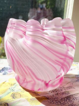Antique Art Glass Pink White Satin Glass Rose Bowl - Tightly Crimped Top Edge