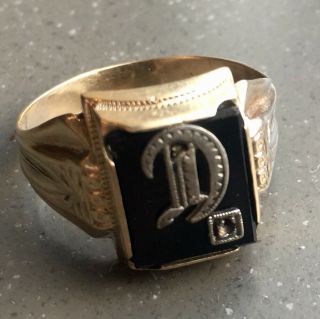 Vintage Ostby & Barton 10K Gold & Sterling Silver Onyx Signet Letter D Mens Ring 2