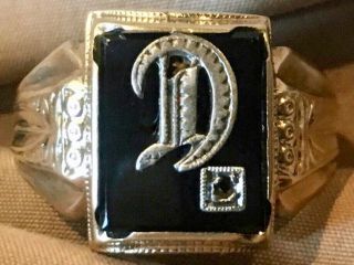 Vintage Ostby & Barton 10K Gold & Sterling Silver Onyx Signet Letter D Mens Ring 6