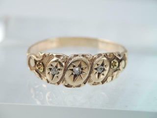 Antique Victorian Solid 10k Gold 3 Rose Cut Diamond Band Ring Ornate Carved Sz 6