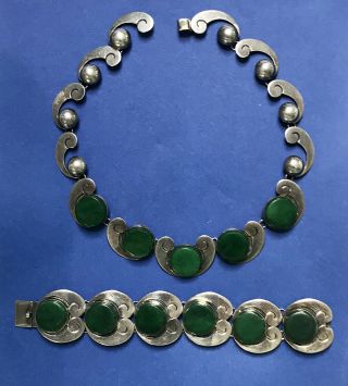 VINTAGE MEXICO STERLING SILVER GREEN ONYX NECKLACE EARRINGS SET BY JOSE ANTON 2