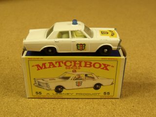 Vintage Lesney Matchbox 55 Ford Galaxie Police Car Box Rare Blue Dome