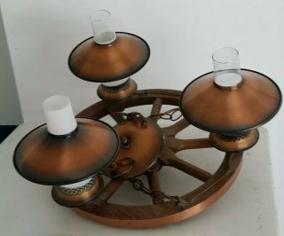 Vtg Wood & Copper Tone 24 " Western Wagon Wheel Hanging Chandelier 3 Light