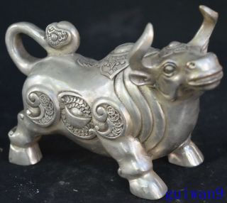 Collectable Handwork Miao Silver Carve Wealth Cow Rhinoceros Old Noble Statues