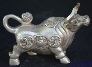 Collectable Handwork Miao Silver Carve Wealth Cow Rhinoceros Old Noble Statues 4