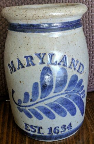 Maryland Est.  1634 Blue Leafy Crock 6.  5 X 4.  5 " Stoneware Pottery Jar Signed 1991