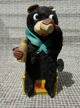 Made In Japan Farm Milk Drinking Bear Tin Litho Wind - Up Toy - 6 " - Well