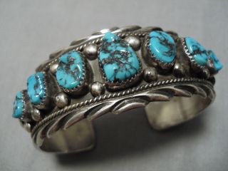 Rugged Stunning Vintage Navajo Turquoise Deep Carved Sterling Silver Bracelet