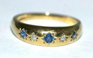 Vintage 9 Ct Yellow Gold Gypsy Set Diamond & Sapphire Ring Size Q 1/2