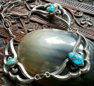 Stunning Vintage Heavy Sterling Silver Turquoise Navajo Indian Sandcast Necklace